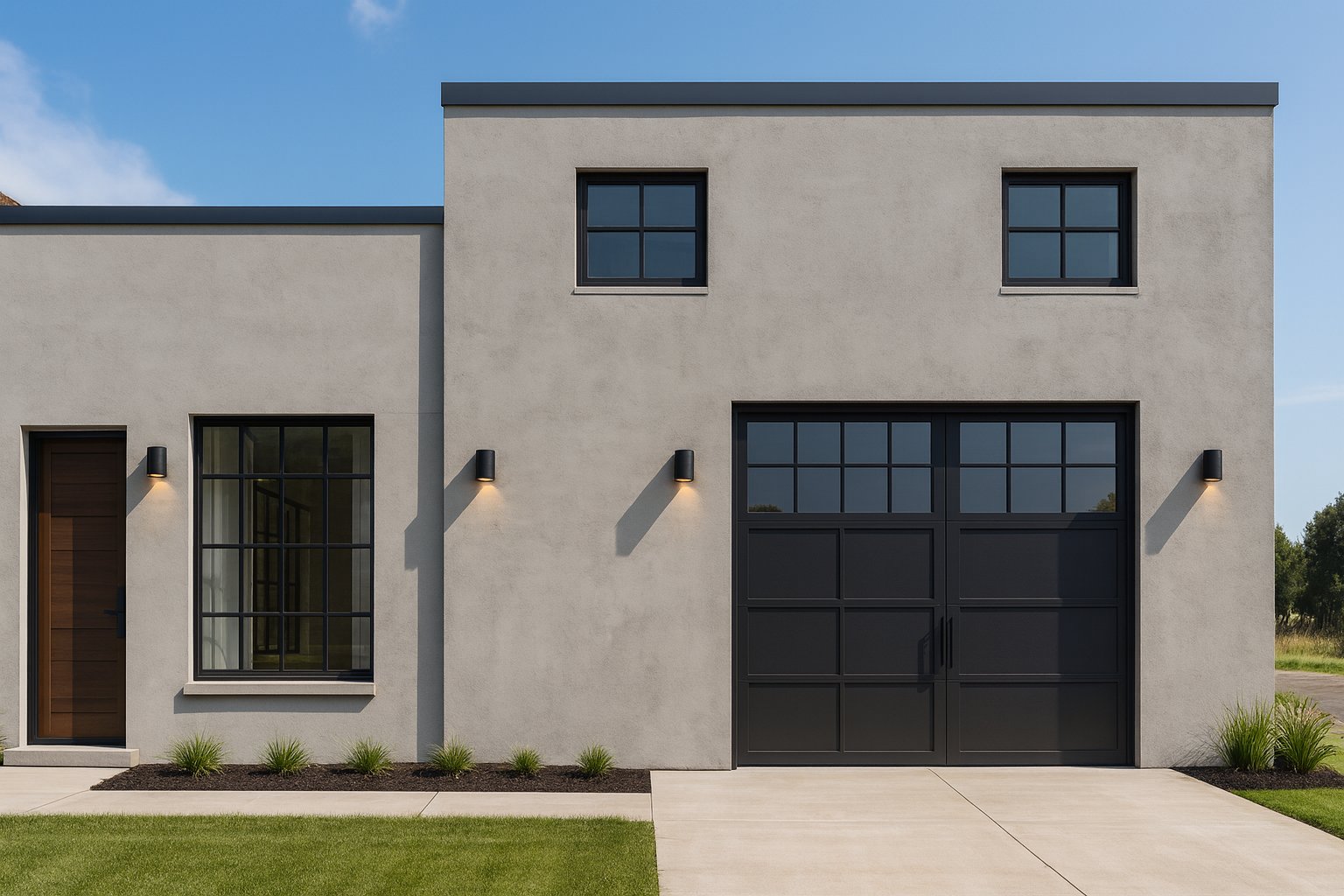 Imagen ilustrativa — fachada contemporánea gris con carpintería negra